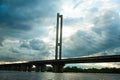 The bridge over the river to the green forest river bridge trees ducks Royalty Free Stock Photo