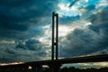 The bridge over the river to the green forest river bridge trees ducks Royalty Free Stock Photo