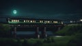 bridge over river A train that moves over a river along a bridge in a starry night. The train is black and green, Royalty Free Stock Photo