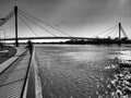 Bridge over the Sava river in Sremska Mitrovica, Serbia. Black and white monochrome photography in retro and vintage