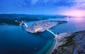 Bridge over the sea at sunset. Aerial view of modern Krk bridge Royalty Free Stock Photo