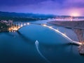Bridge over the sea at sunset. Aerial view of modern Krk bridge Royalty Free Stock Photo