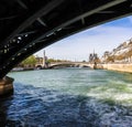 The bridge over Seine river frames Notre Dame Cathedral. Before the fire. April 05, 2019. Paris France Royalty Free Stock Photo