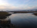 Bridge over Wetlands and Hackensack River during Sunset in Jersey City, NJ. Royalty Free Stock Photo