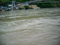 Bridge over wide ganga river, wide ganga river with cable bridge in india, ganga river in india