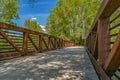 Bridge overlooking luxuriant trees with bright green leaves against blue sky