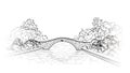 Bridge in park view. city garden lanscape. Engraving retro natu