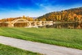 Bridge in Piestany Slovakia, Vah river + blue sky + colorful a