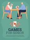 Bridge or poker card games club for retired seniors banner, vector illustration.