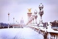 Bridge Pont Alexandre III winter snow fairytale Royalty Free Stock Photo