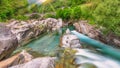 The romanic historic bridge Ponte Dei Salti Bridge in Lavertezzo, Verzasca Valley, ticino, Switzerland. Travel concept. Royalty Free Stock Photo