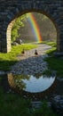 Bridge After Rain With Ducks And Rainbow In Pond Reflection Royalty Free Stock Photo