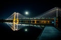 Bridge with reflection on Columbia river at night with full moon, Kennewick Washington