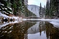 Bridge and reflection. Winter forest and lake. Royalty Free Stock Photo