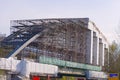 bridge renovation. Highway maintenance. Scaffolding structure. inspecting the a long concrete motorway flyover, bridge.