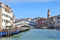 Bridge Rialto on Grand canal famous landmark panoramic view Venice.