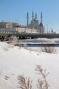 Bridge through river Kazanka and Qol Sharif mosque in Kremlin. Kazan, Russia Royalty Free Stock Photo