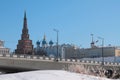 Bridge through river Kazanka and Suyumbike Tower. Kazan, Russia Royalty Free Stock Photo