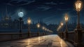 The bridge road in a night city with many lanterns