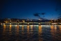 Bridge in Saint-Petersburg with lights illumination in summer white night, Neva river Royalty Free Stock Photo