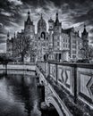 Bridge and Schwerin Castle, Germany. black and white