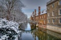 Bridge of Sighs with snow capped buildings at the University of Cambridge, England Royalty Free Stock Photo