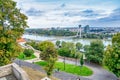 Bridge SNP and UFO tower view point over Danube river in Bratislava city, Slovakia Royalty Free Stock Photo