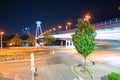 Bridge SNP and UFO tower view point over Danube river in Bratislava city, Slovakia at night Royalty Free Stock Photo