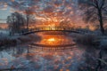 A bridge spanning a tranquil river at sunrise