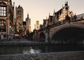 The Bridge Of St. Michael.  Historical centre of Ghent in twilight, Belgium.  St. Nicholas church in the background Royalty Free Stock Photo