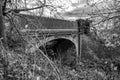 Abandoedm, brick-built railway bridge seen near heavy undergrowth in the UK.