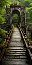 Intricate Woodwork: A Post-apocalyptic Bridge In The Forest Royalty Free Stock Photo