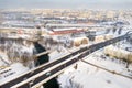 Bridge on the Svisloch River and the road through it with cars in winter.Minsk Belarus