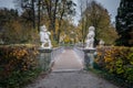 Bridge to Dwarf Garden Zwergerlgarten with Pallone Player Dwarfs - 17th century statues - Salzburg, Austria