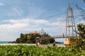 Bridge to Matara Parevi Duwa buddhist temple and beutiful sky Royalty Free Stock Photo