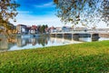 Bridge to spa island in Piestany + Vah river + riverbank + blue Royalty Free Stock Photo