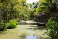 The bridge to thailand traditional wooden patio beside the canal