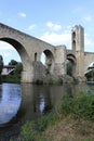 Bridge and a tower over a river and its reflection Royalty Free Stock Photo