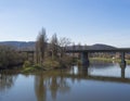 Bridge for train over river Berounka, spring suny day Royalty Free Stock Photo