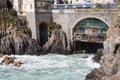 Bridge and train station in Riomaggiore in the National Park of Cinque Terre, Liguria, Italy Royalty Free Stock Photo