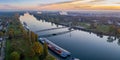 Bridge of the two riverbanks over Rhine river between Kehl and Strasbourg Germany France aerial photo panorama