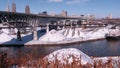 A bridge underlying the Cleveland Skyline - The Snowy Cuyahoga - CLEVELAND - OHIO Royalty Free Stock Photo