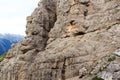 Bridge at Via Ferrata Severino Casara and Sexten Dolomites mountain panorama in South Tyrol