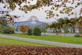 Bridge view in a foggy autumn morning