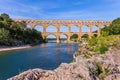 The bridge was built in Roman times on the river Gardon. Three-tiered aqueduct Pont du Gard - the highest in Europe. Provence, Royalty Free Stock Photo