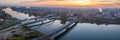 Bridges bridge over Rhine river between Kehl and Strasbourg Germany France aerial photo panorama