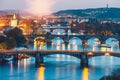 Bridges with historic Charles Bridge and Vltava river at night in Prague Royalty Free Stock Photo