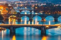 Bridges with historic Charles Bridge and Vltava river at night in Prague Royalty Free Stock Photo