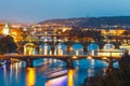 Bridges with historic Charles Bridge and Vltava river at night in Prague Royalty Free Stock Photo