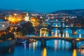 Bridges with historic Charles Bridge and Vltava river at night in Prague Royalty Free Stock Photo